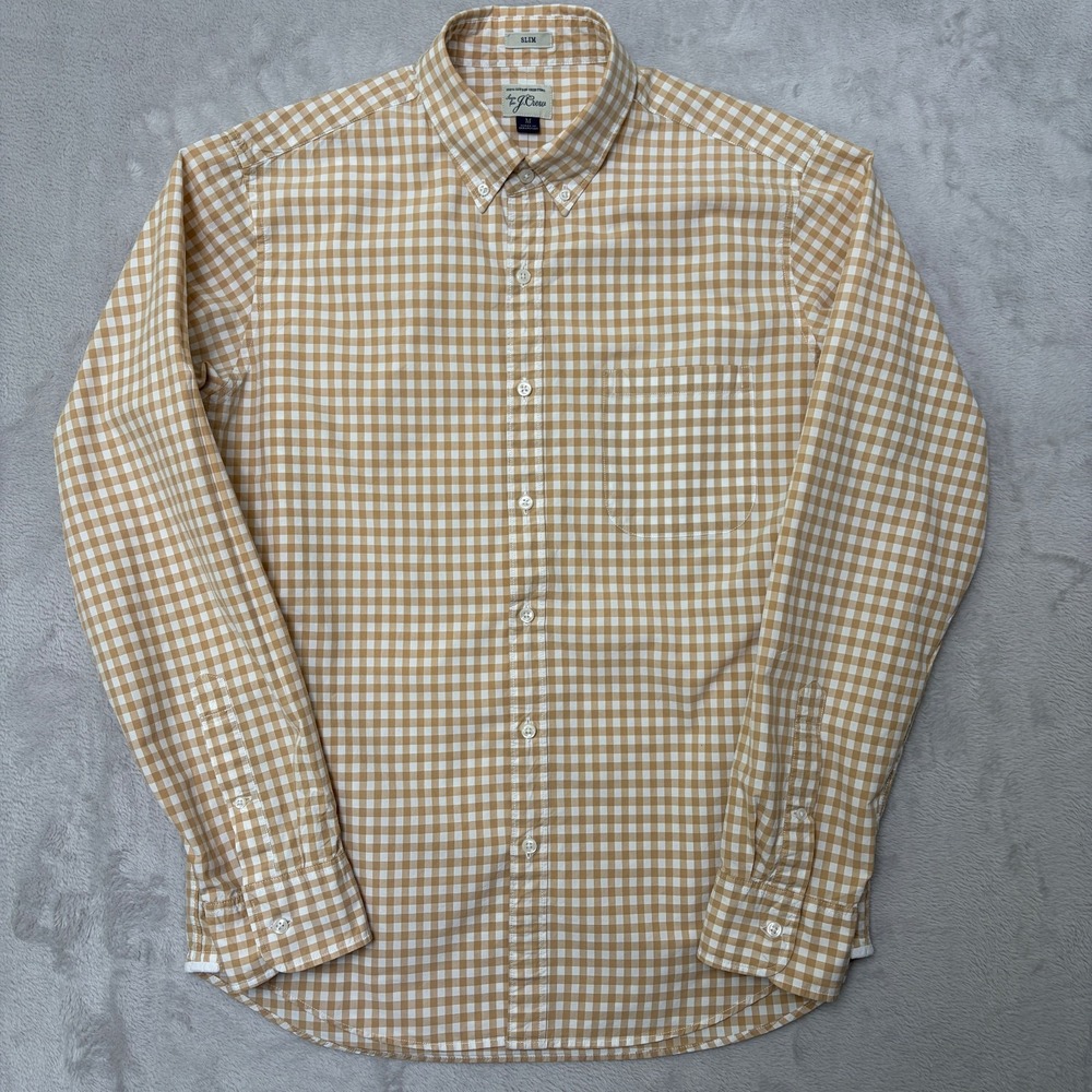 J Crew Lightweight Tan Gingham Slim Cotton Button Up Shirt Medium button down